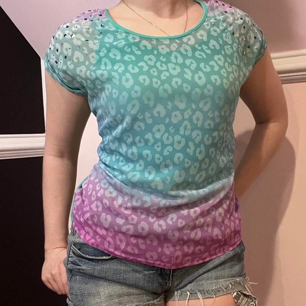 ⭐y2k justice teal & purple cheetah‎ print rhinestone top small - Picture 2 of 8